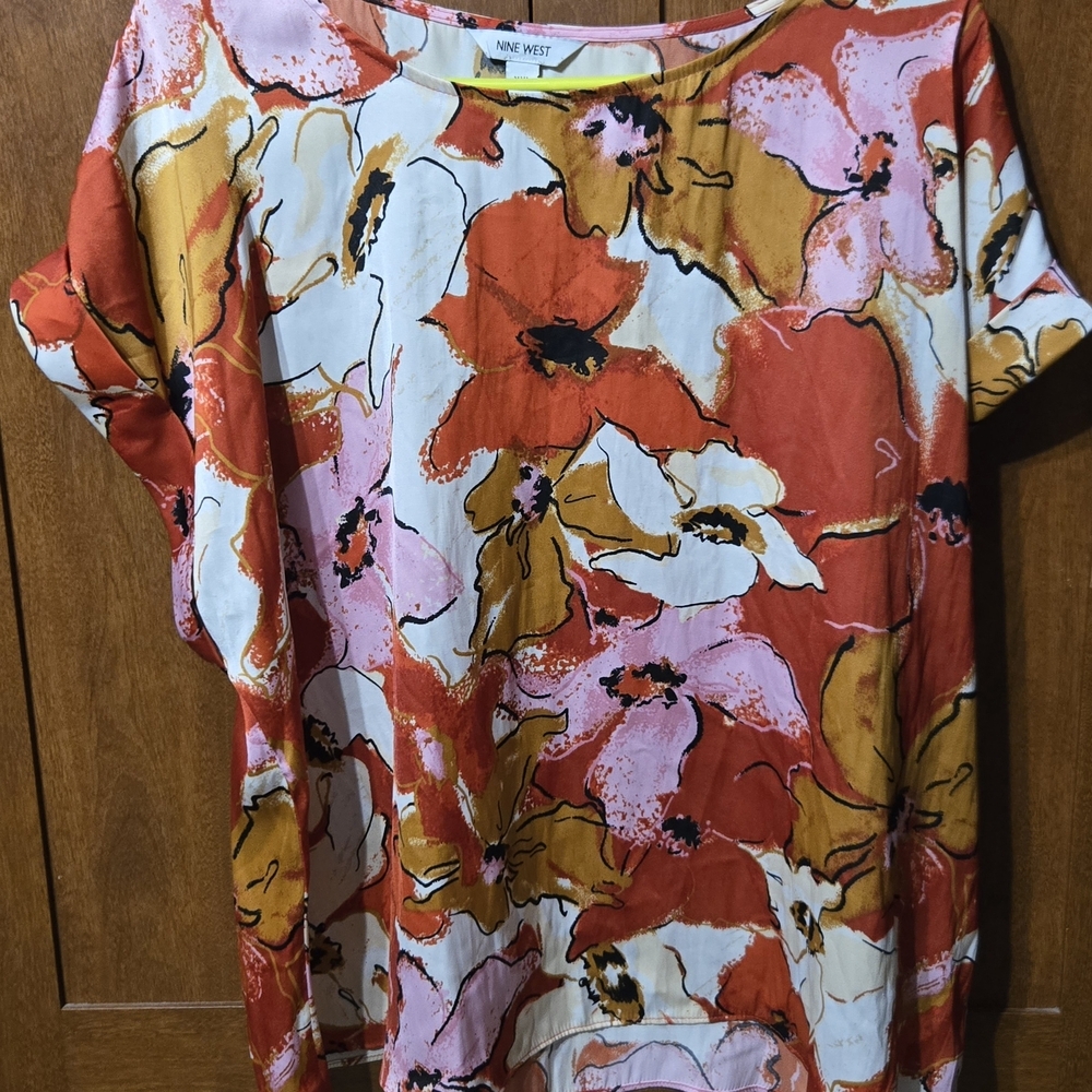 Nine West Floral Blouse in Orange, White, Pink & Gold